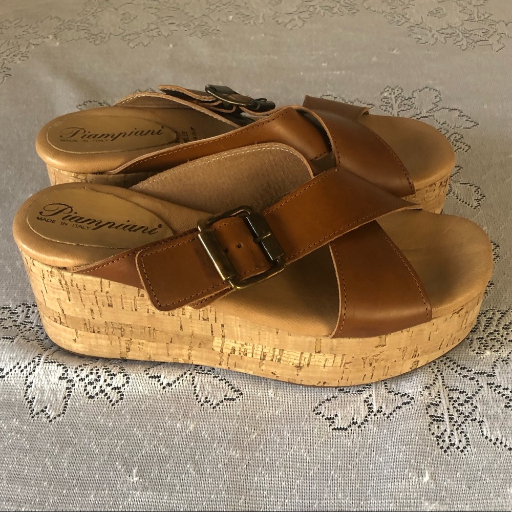 Women's Piampiani Tan Italian Leather Cork Platform Sandals. Size 37 (US 6.5/7)